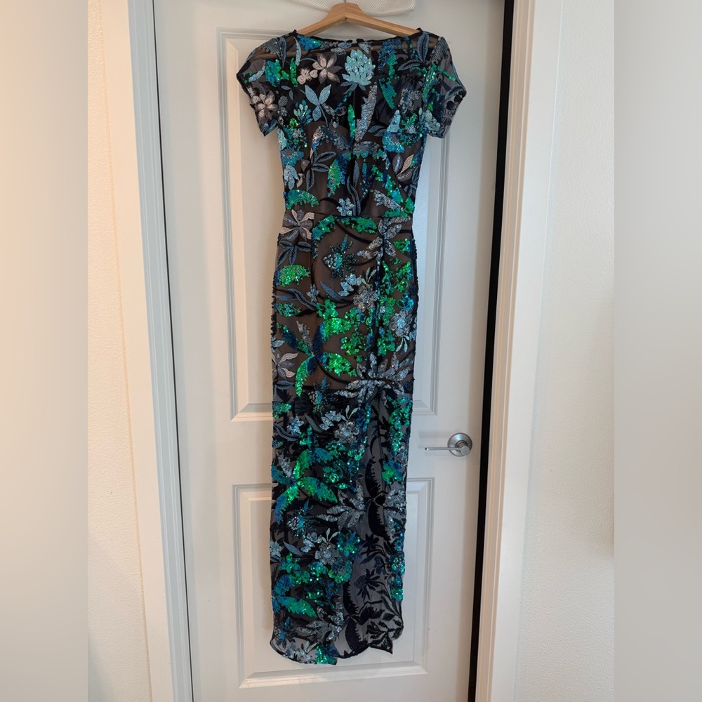 NWOT BRONX AND BANCO ZINNA EMBROIDERED EVENING Blue and Green Floral DRESS - Picture 5 of 13
